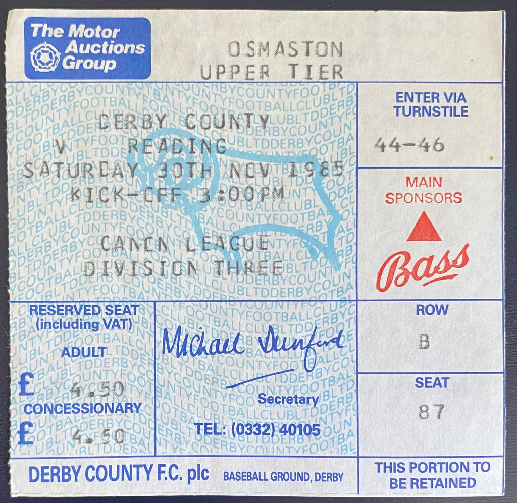 1985/86 ORIGINAL DIVISION 3 TICKET DERBY COUNTY V READING