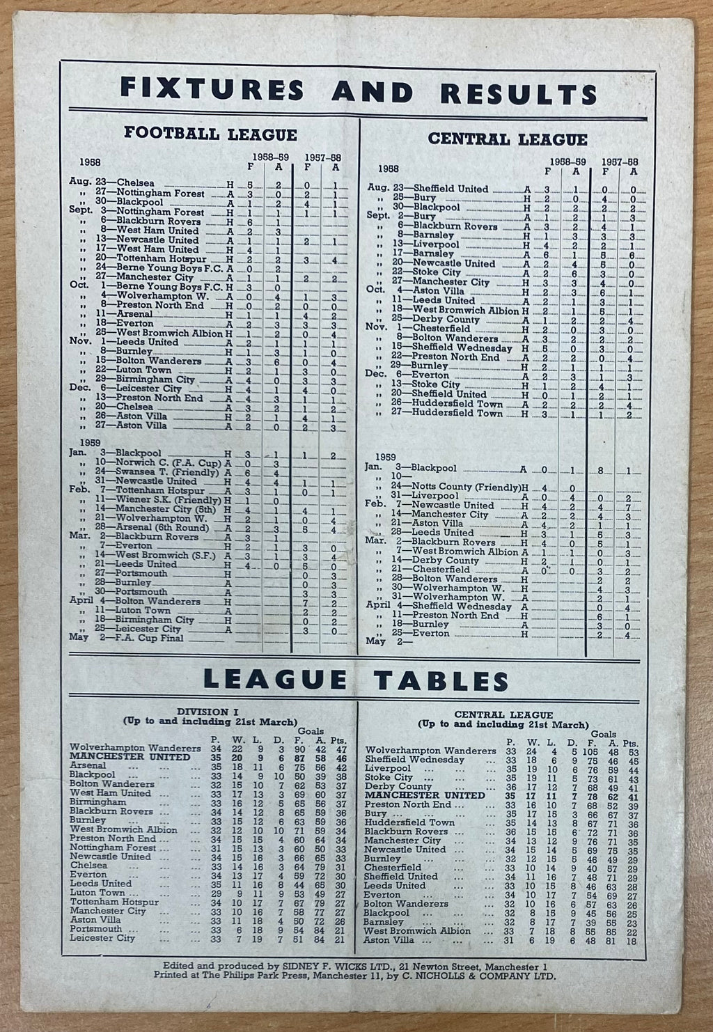 1958/59 ORIGINAL DIVISION ONE PROGRAMME MANCHESTER UNITED V PORTSMOUTH