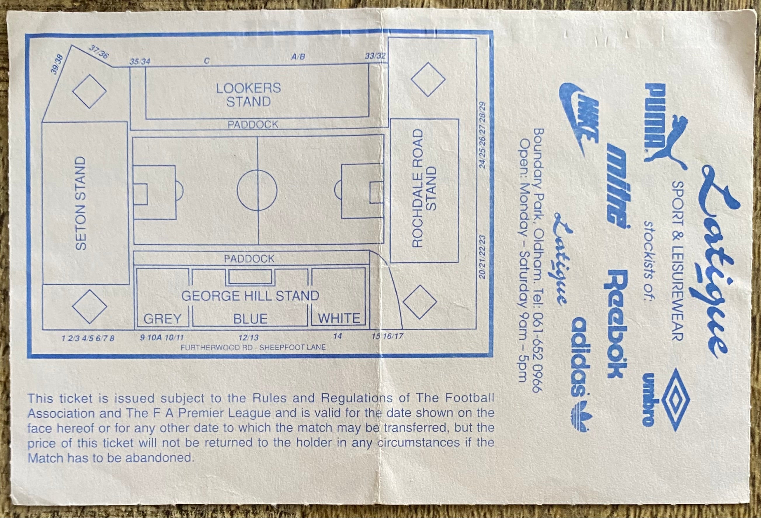 1992/93 ORIGINAL FA PREMIER LEAGUE TICKET OLDHAM ATHLETIC V CHELSEA