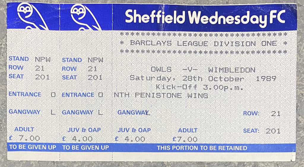 1989/90 ORIGINAL DIVISION ONE UNUSED TICKET SHEFFIELD WEDNESDAY V WIMBLEDON