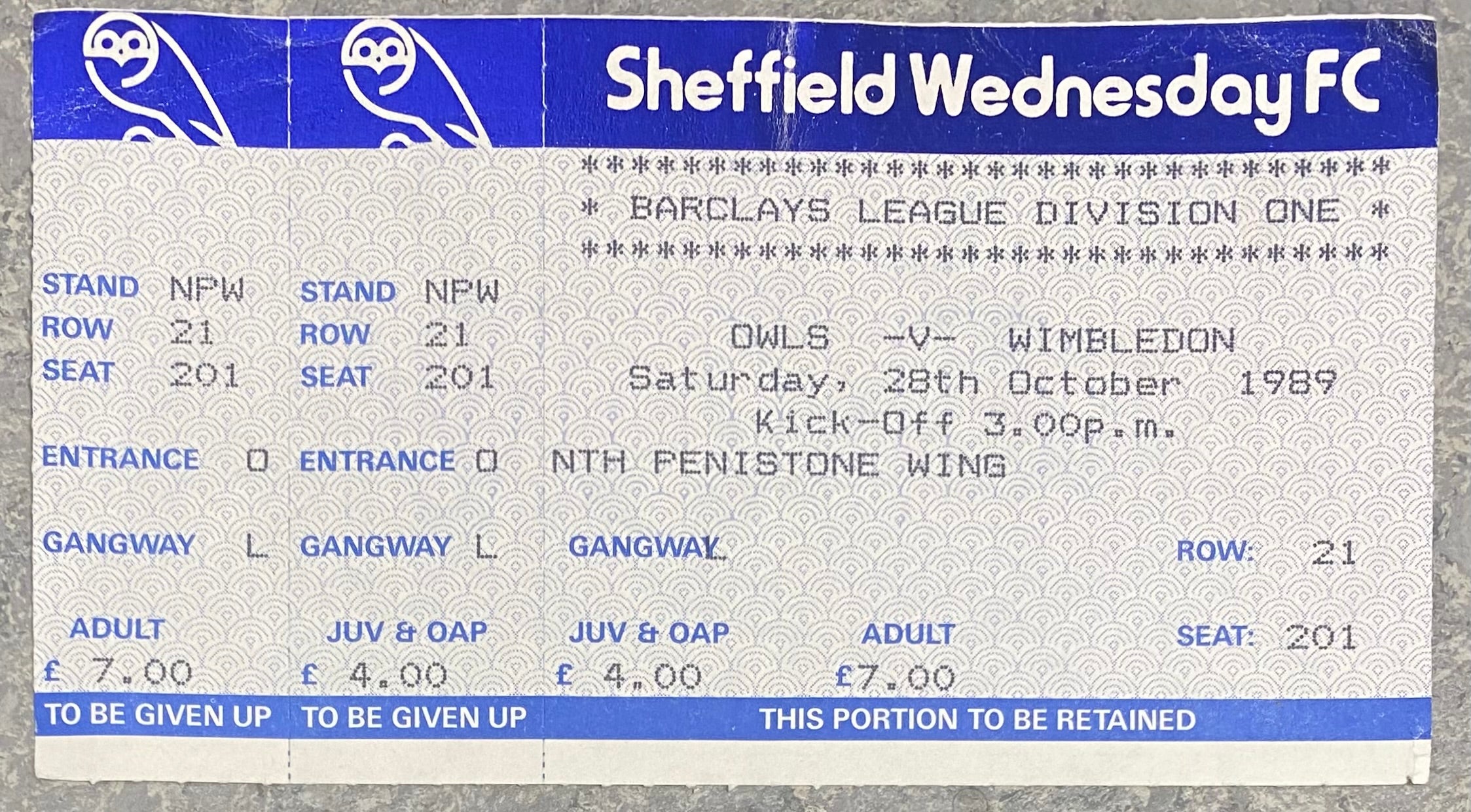 1989/90 ORIGINAL DIVISION ONE UNUSED TICKET SHEFFIELD WEDNESDAY V WIMBLEDON