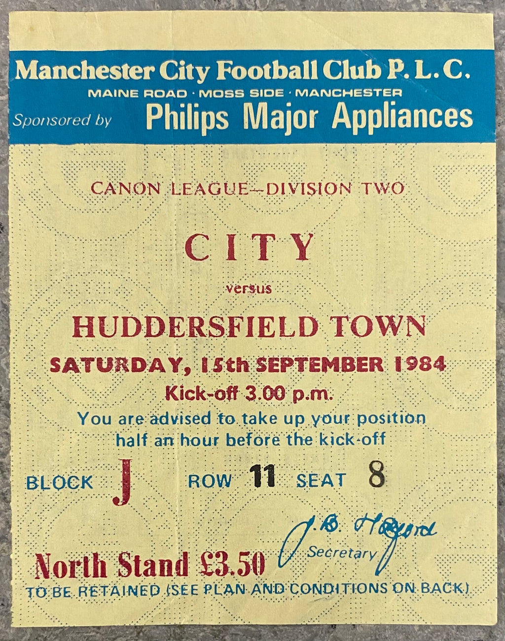 1984/85 ORIGINAL DIVISION 2 TICKET MANCHESTER CITY V HUDDERSFIELD TOWN