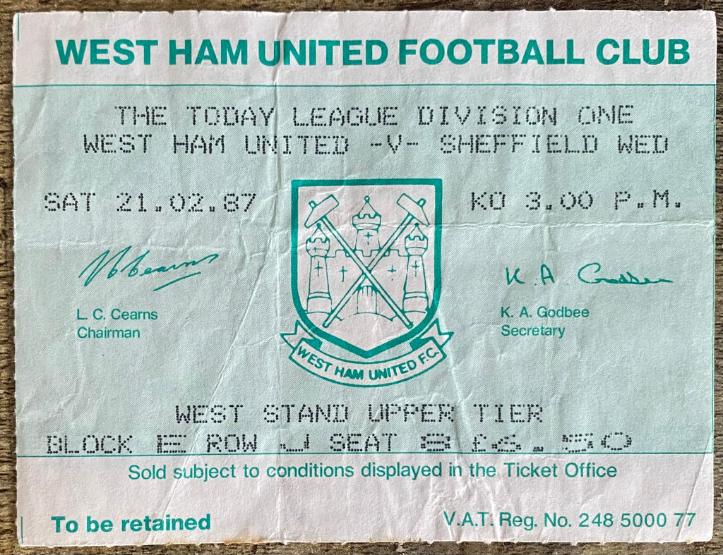 1986/87 ORIGINAL DIVISION ONE TICKET WEST HAM UNITED V SHEFFIELD WEDNESDAY
