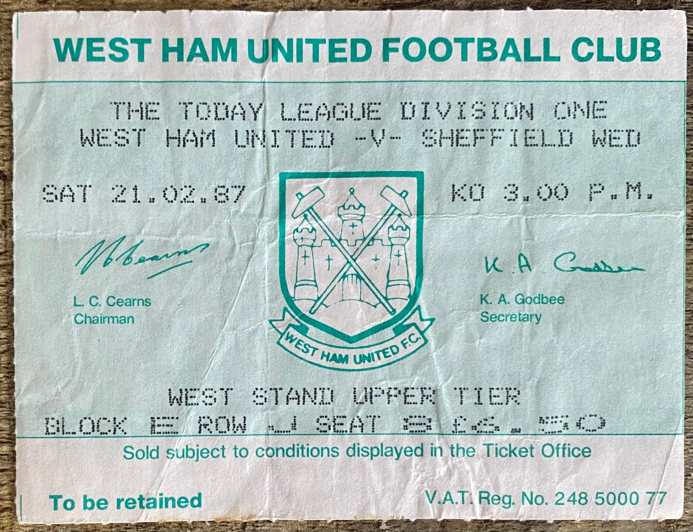 1986/87 ORIGINAL DIVISION ONE TICKET WEST HAM UNITED V SHEFFIELD WEDNESDAY