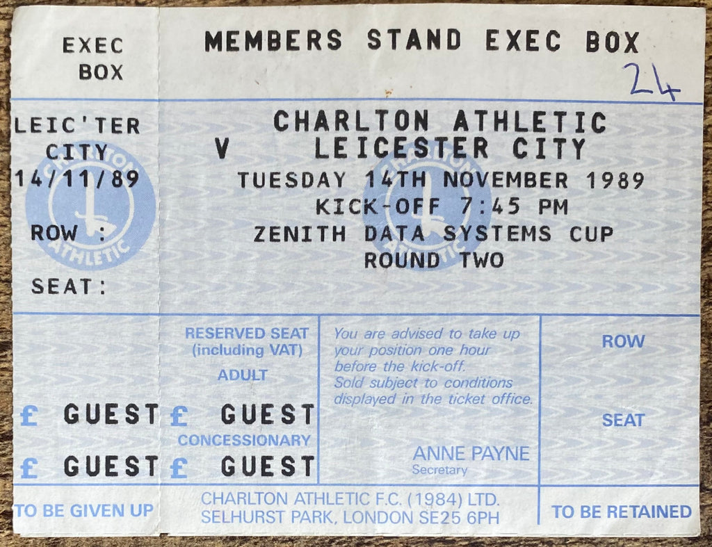 1989/90 ORIGINAL ZENITH DATA CUP 2ND ROUND UNUSED TICKET CHARLTON ATHLETIC V LEICESTER CITY