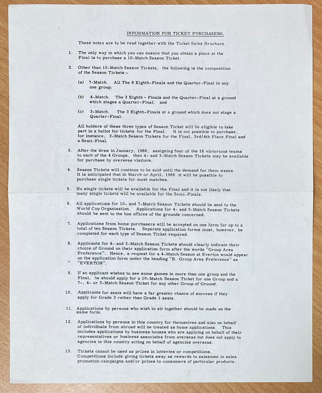 1966 WORLD CUP ORIGINAL OFFICIAL TICKET INFORMATION AND MATCH INFORMATION SHEET