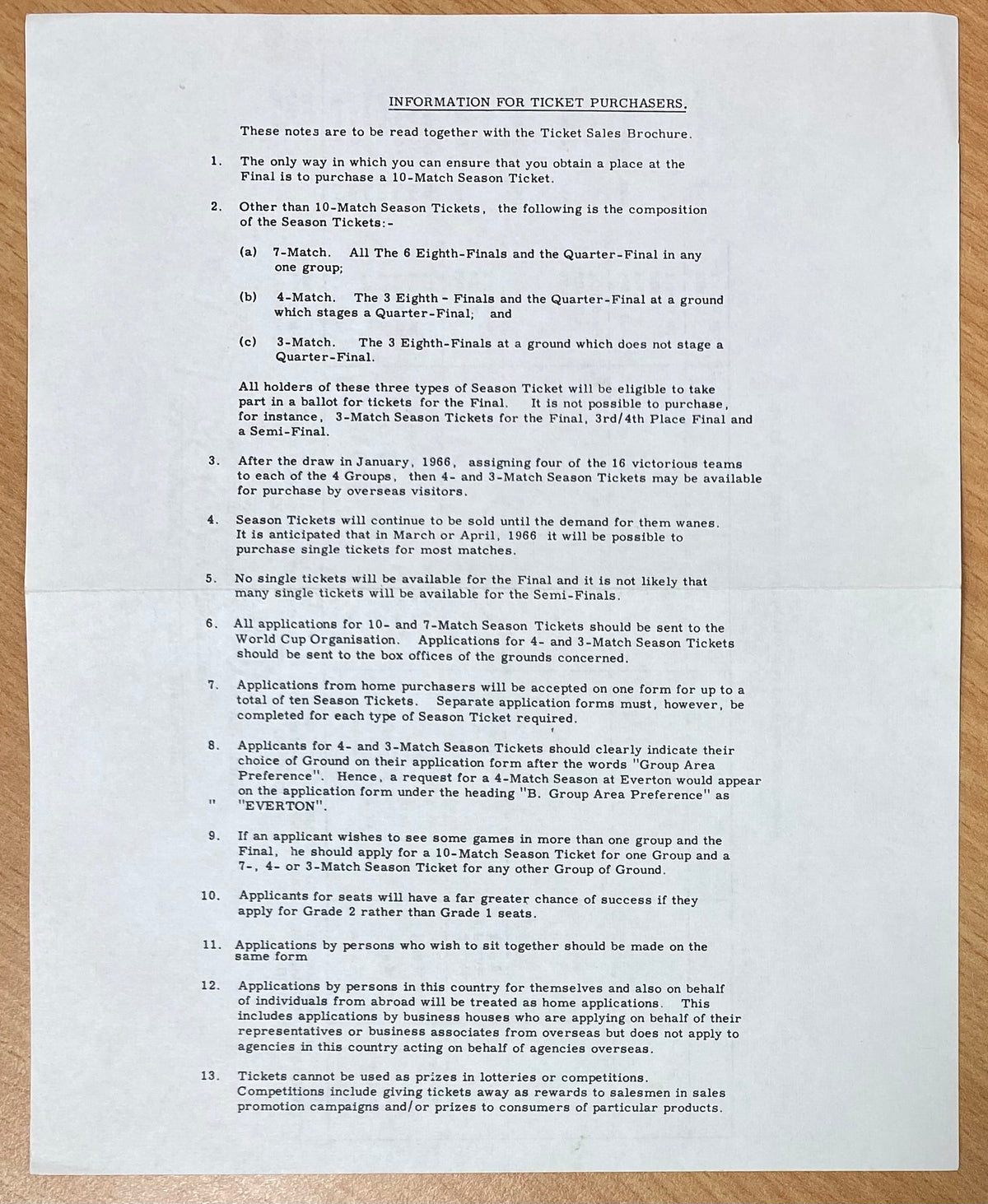 1966 WORLD CUP ORIGINAL OFFICIAL TICKET INFORMATION AND MATCH INFORMATION SHEET