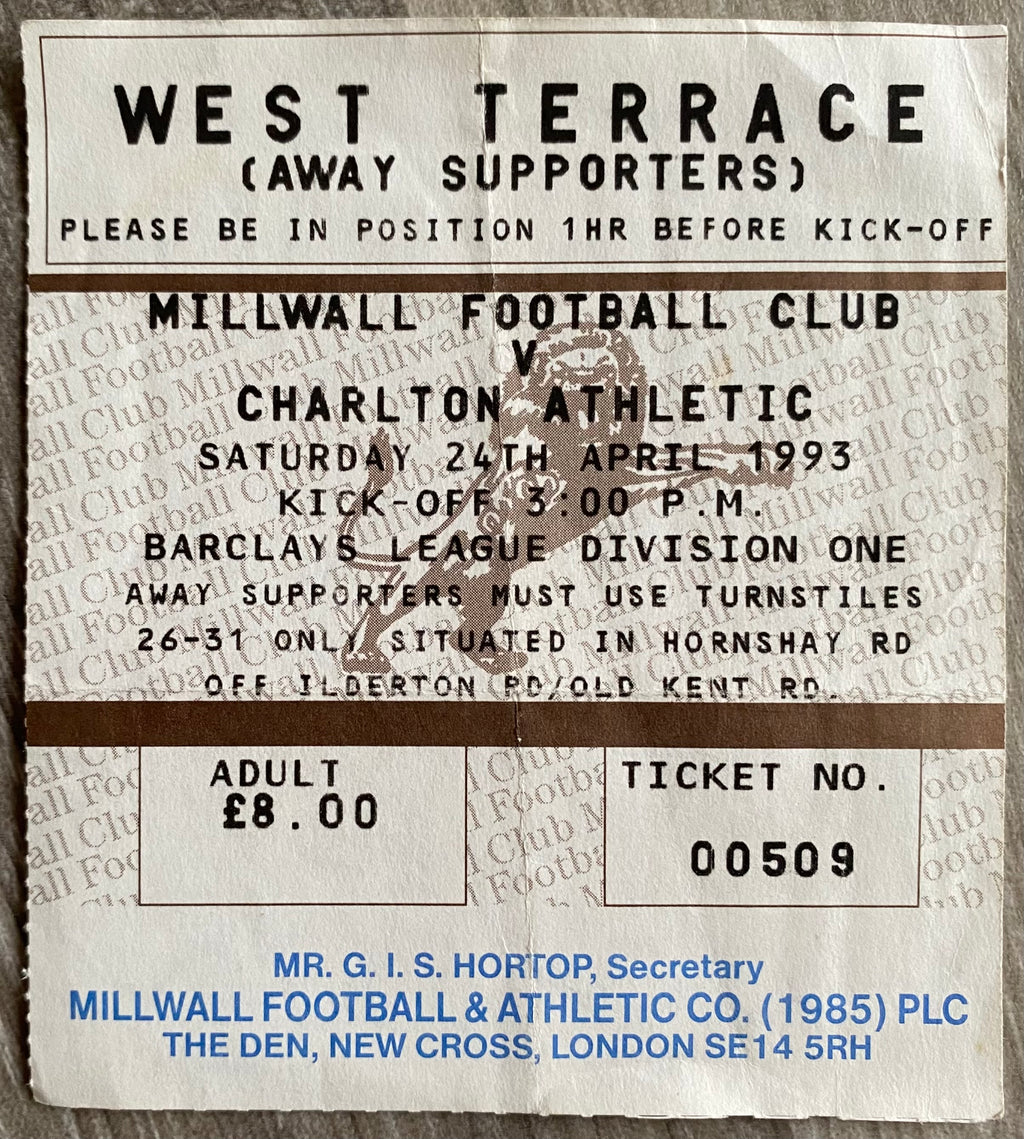 1992/93 ORIGINAL DIVISION 2 TICKET MILLWALL V CHARLTON ATHLETIC