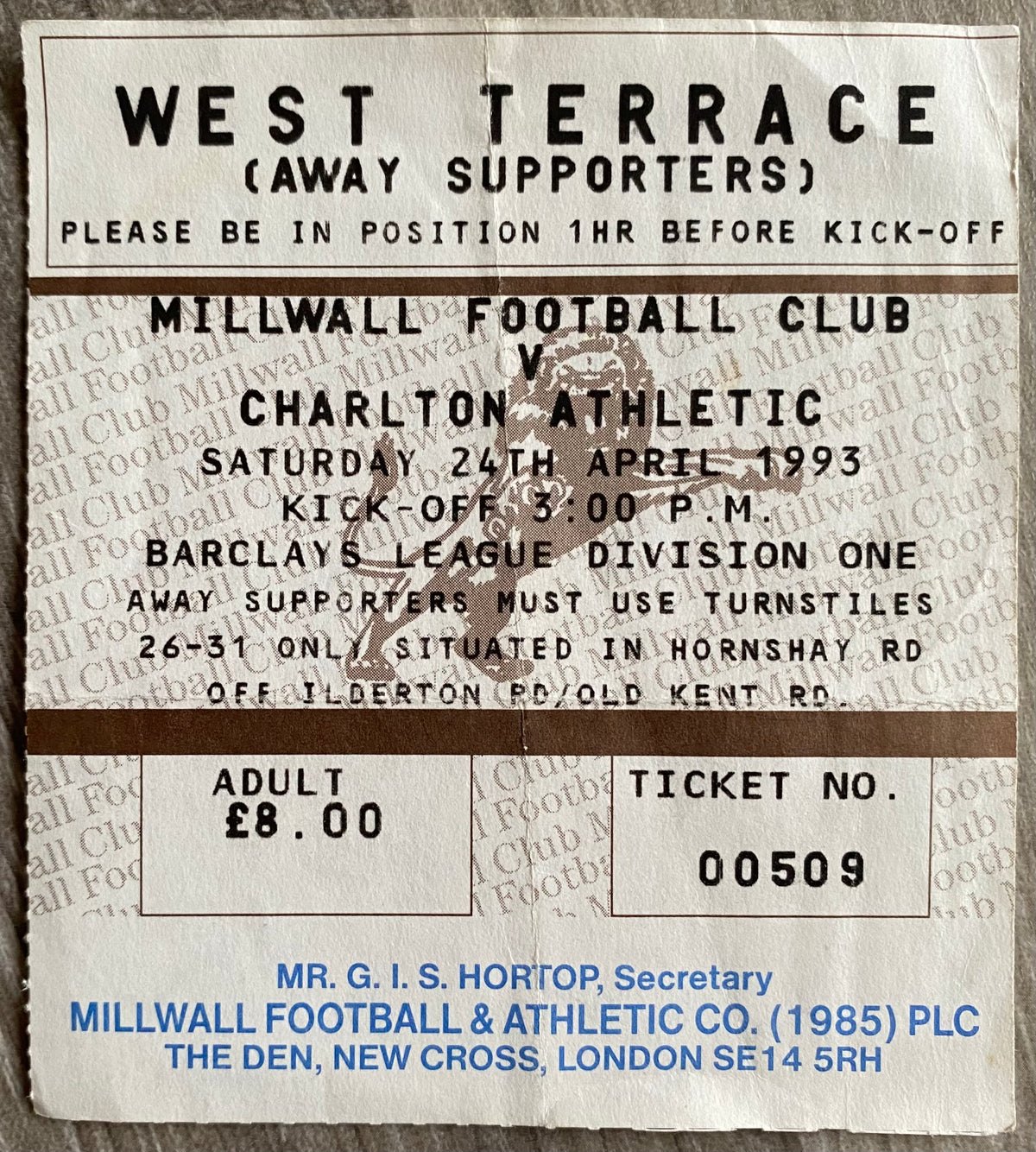 1992/93 ORIGINAL DIVISION 2 TICKET MILLWALL V CHARLTON ATHLETIC