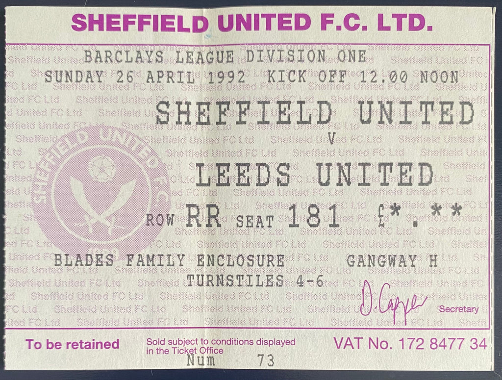 1991/92 ORIGINAL DIVISION 1 TICKET SHEFFIELD UNITED V LEEDS UNITED