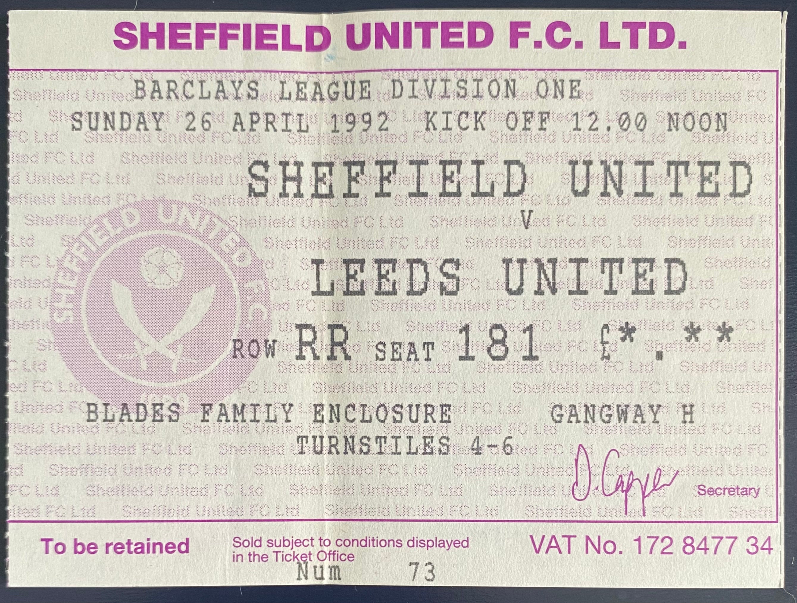 1991/92 ORIGINAL DIVISION 1 TICKET SHEFFIELD UNITED V LEEDS UNITED