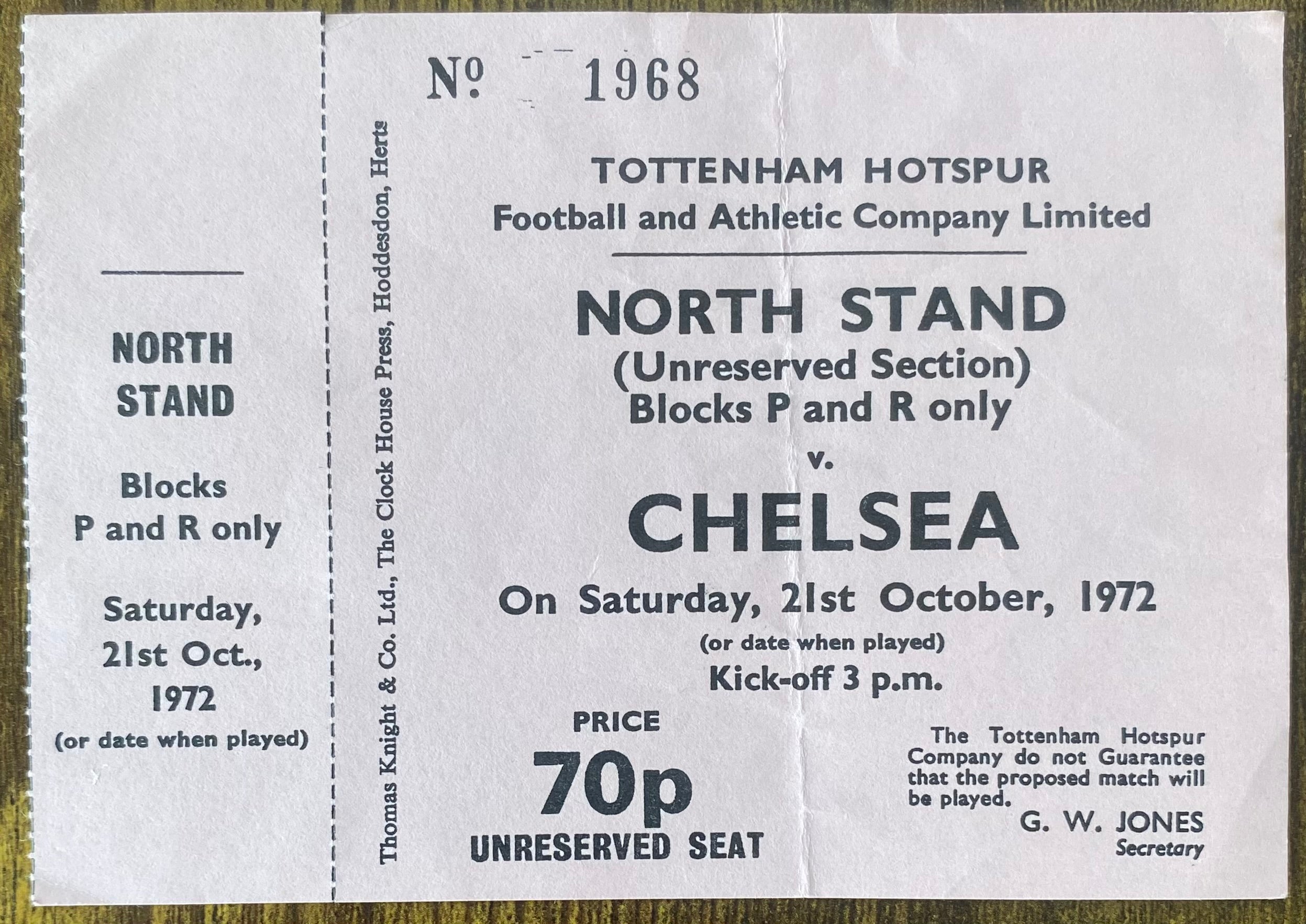 1972/73 ORIGINAL DIVISION ONE UNUSED TICKET TOTTENHAM HOTSPUR V CHELSEA