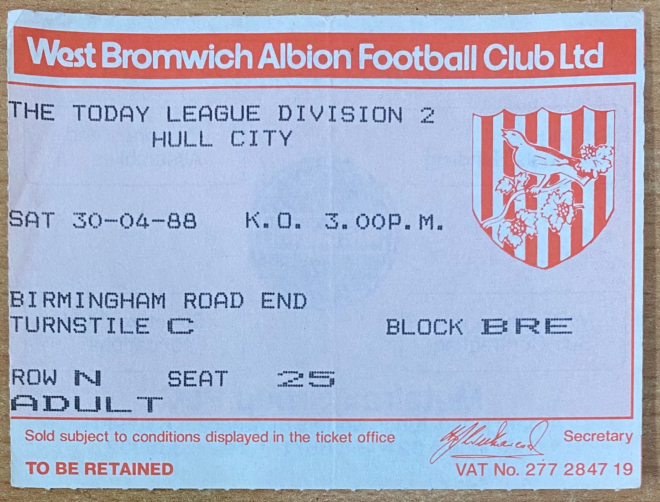 1987/88 ORIGINAL DIVISION 2 TICKET WEST BROMWICH ALBION V HULL CITY