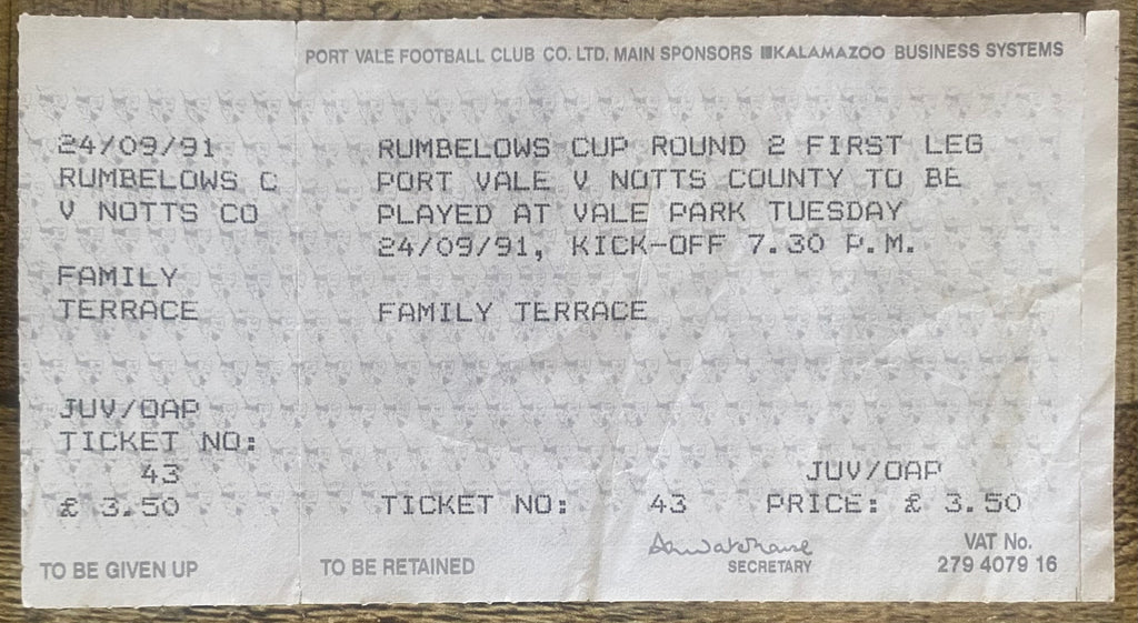 1991/92 ORIGINAL RUMBELOWS CUP 2ND ROUND 1ST LEG UNUSED TICKET PORT VALE V NOTTS COUNTY