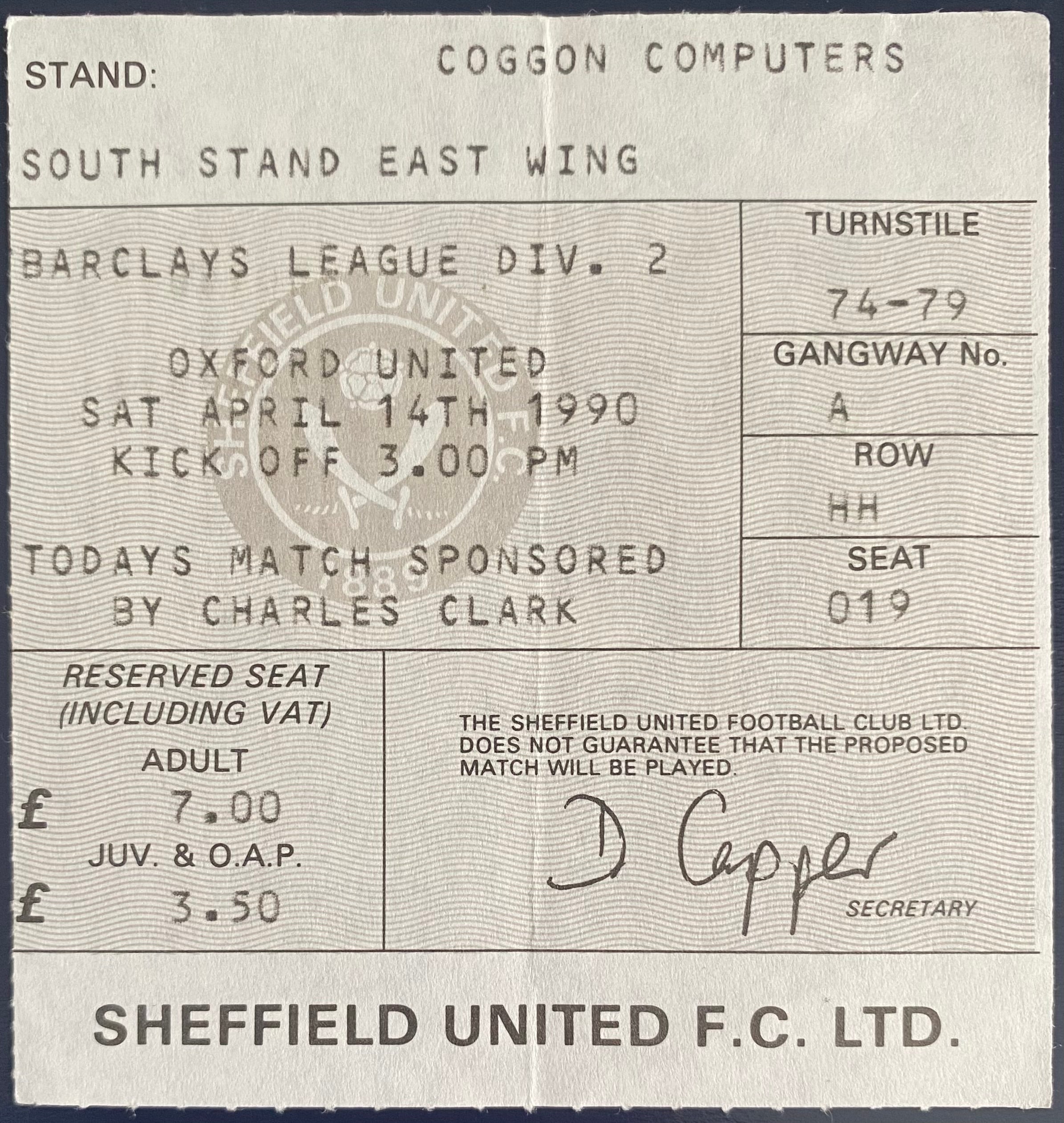 1989/90 ORIGINAL DIVISION 2  TICKET SHEFFIELD UNITED V OXFORD UNITED