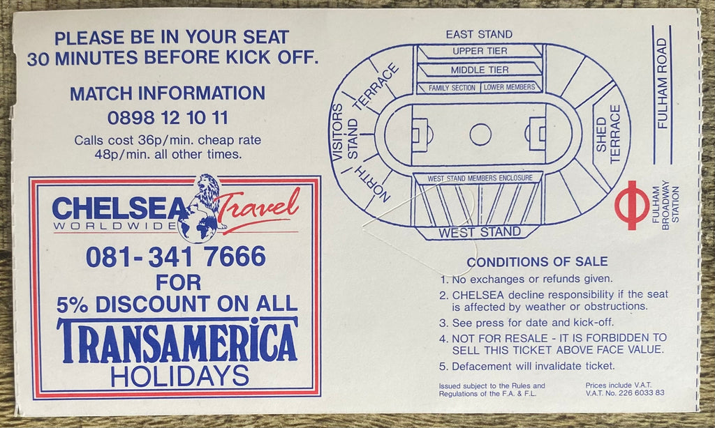 1991/92 ORIGINAL FA CUP 5TH ROUND TICKET CHELSEA V SHEFFIELD UNITED