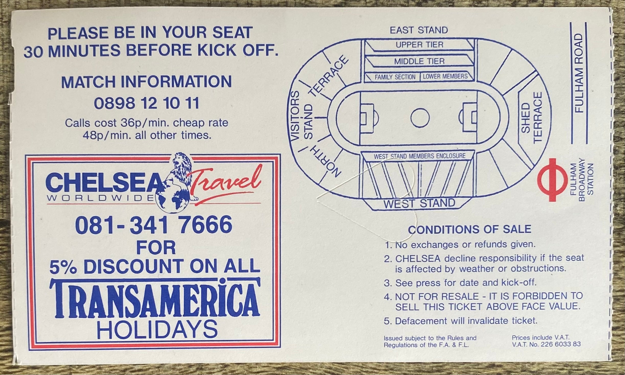 1991/92 ORIGINAL FA CUP 5TH ROUND TICKET CHELSEA V SHEFFIELD UNITED