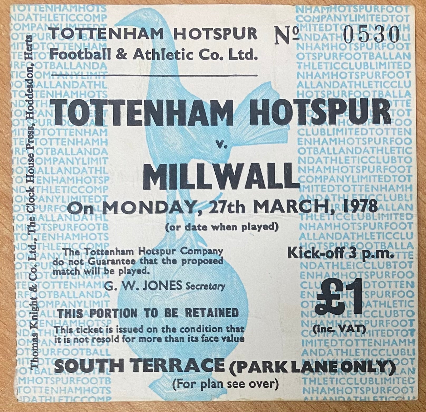 1977/78 ORIGINAL DIVISION TWO TICKET TOTTENHAM HOTSPUR V MILLWALL