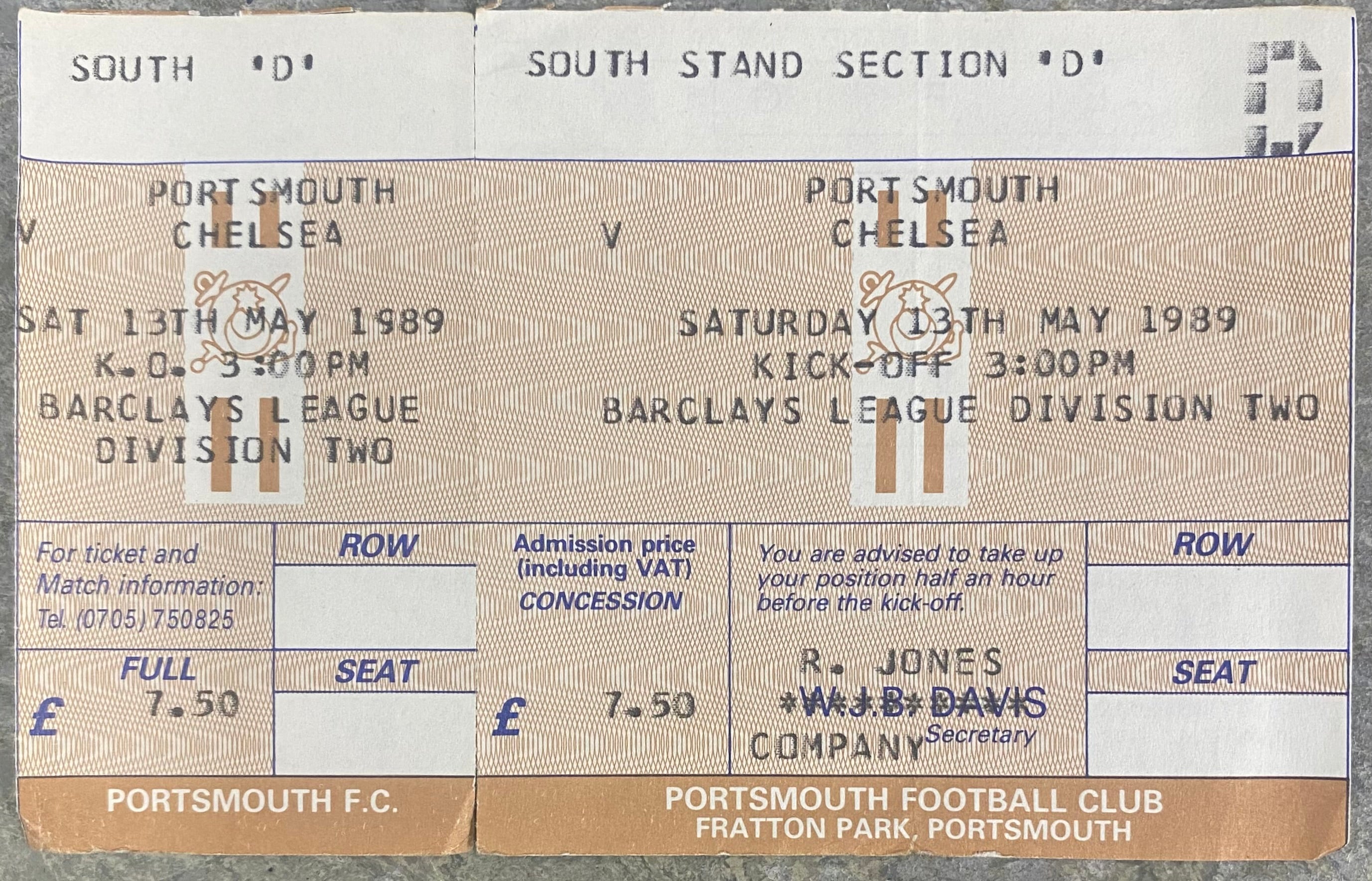 1988/89 ORIGINAL DIVISION 2 UNUSED TICKET PORTSMOUTH V CHELSEA