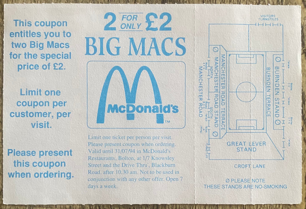 1994 ORIGINAL UNUSED FRIENDLY TICKET BOLTON WANDERERS V LIVERPOOL