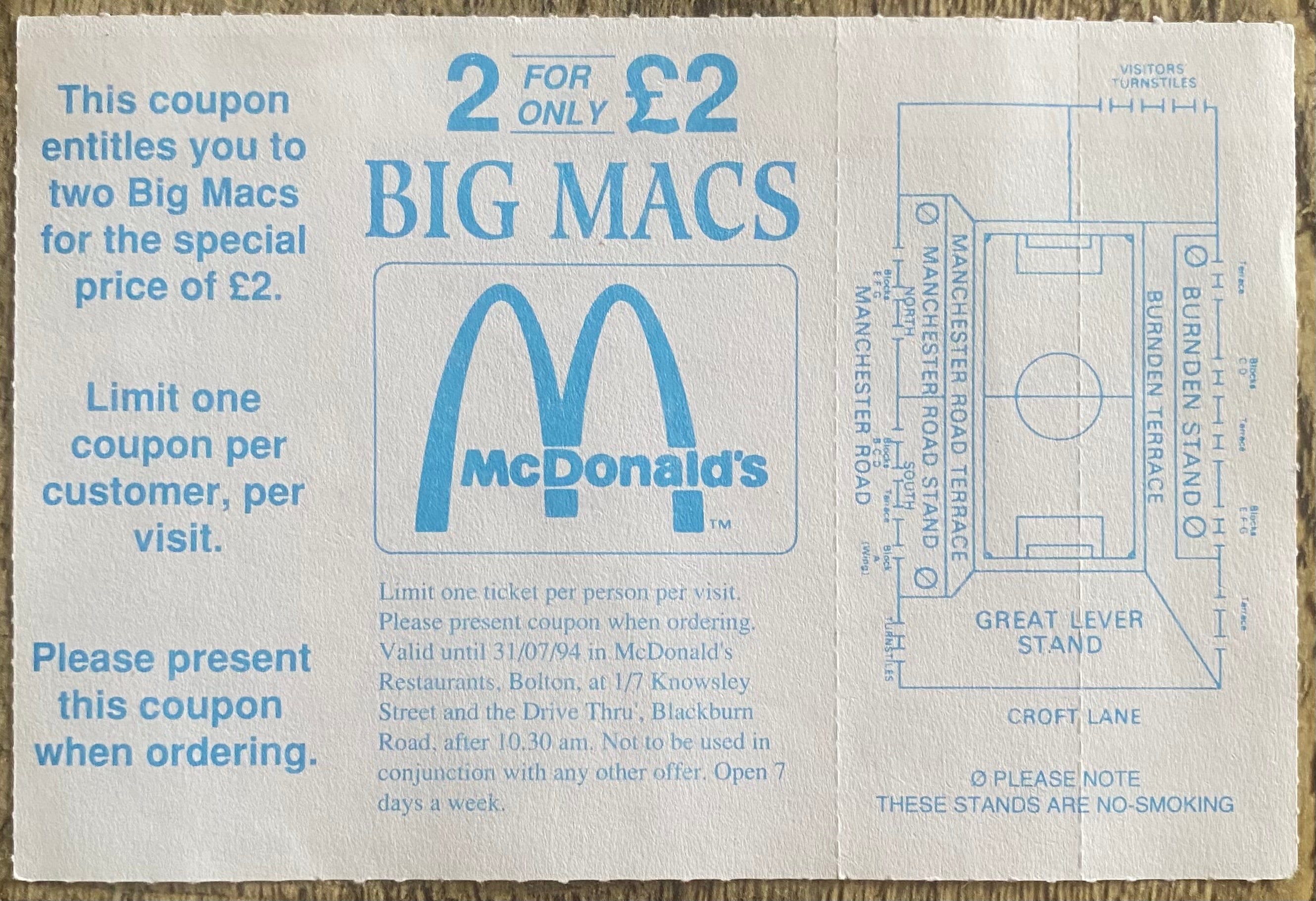 1994 ORIGINAL UNUSED FRIENDLY TICKET BOLTON WANDERERS V LIVERPOOL