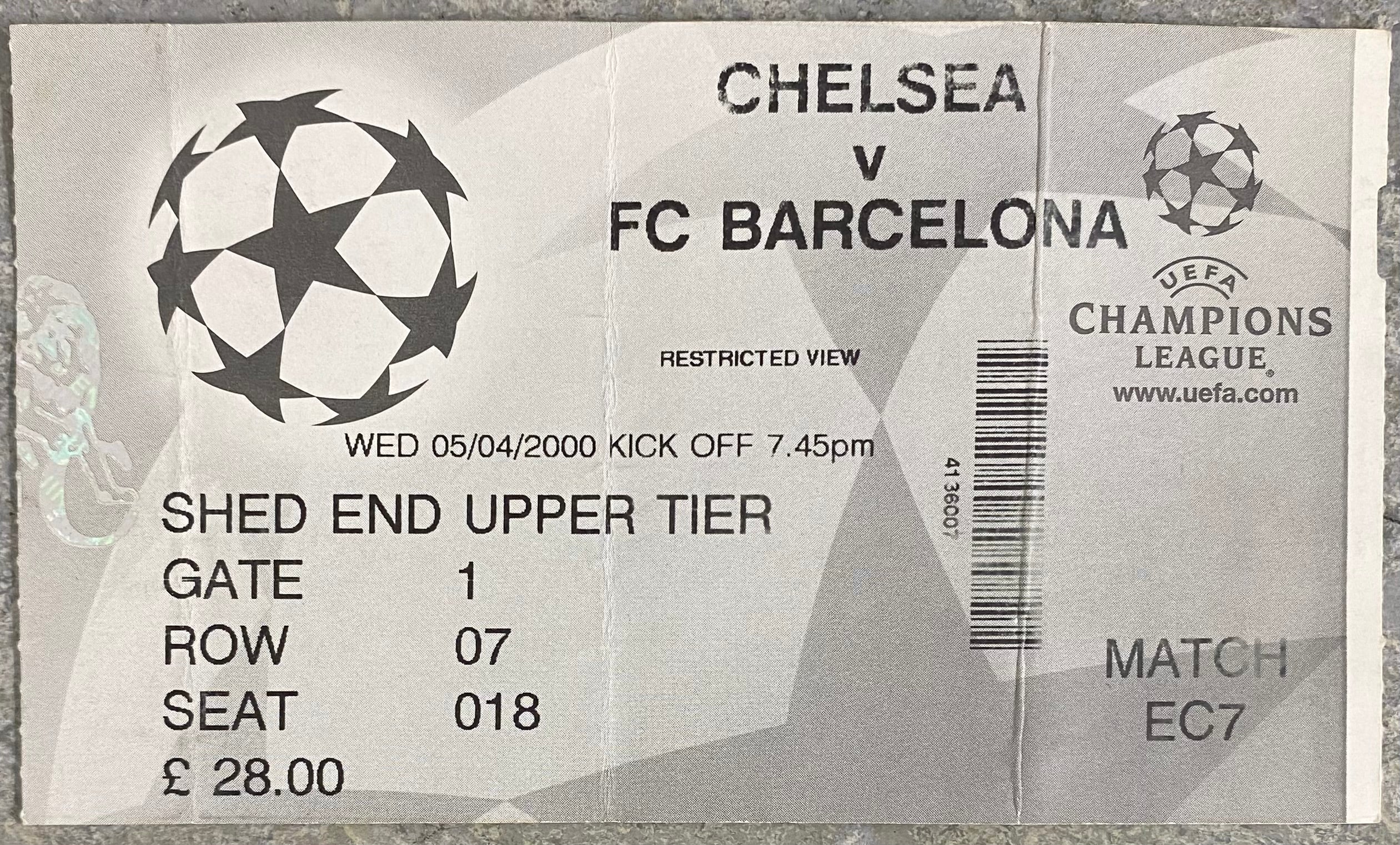 1999/2000 ORIGINAL CHAMPIONS LEAGUE QUARTER FINAL 1ST LEG TICKET CHELSEA V BARCELONA