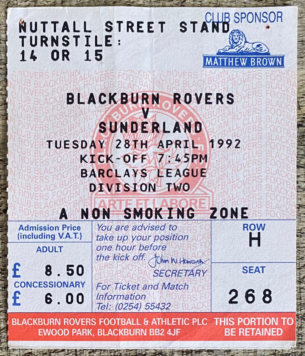 1991/92 ORIGINAL DIVISION 2 TICKET BLACKBURN ROVERS V SUNDERLAND