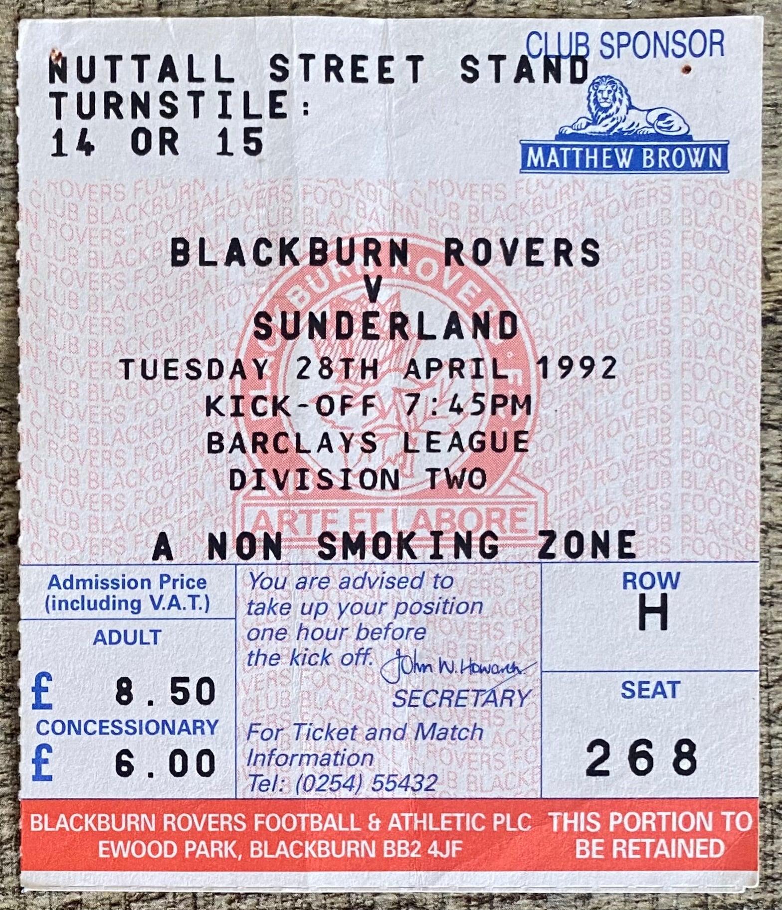 1991/92 ORIGINAL DIVISION 2 TICKET BLACKBURN ROVERS V SUNDERLAND