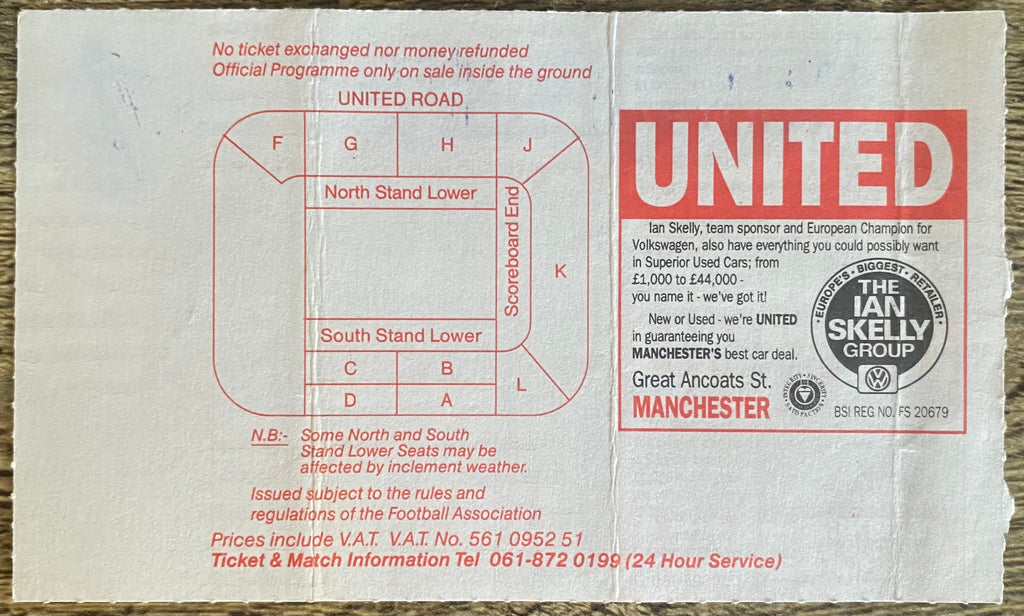 1992/93 ORIGINAL PREMIER LEAGUE TICKET  MANCHESTER UNITED V ASTON VILLA