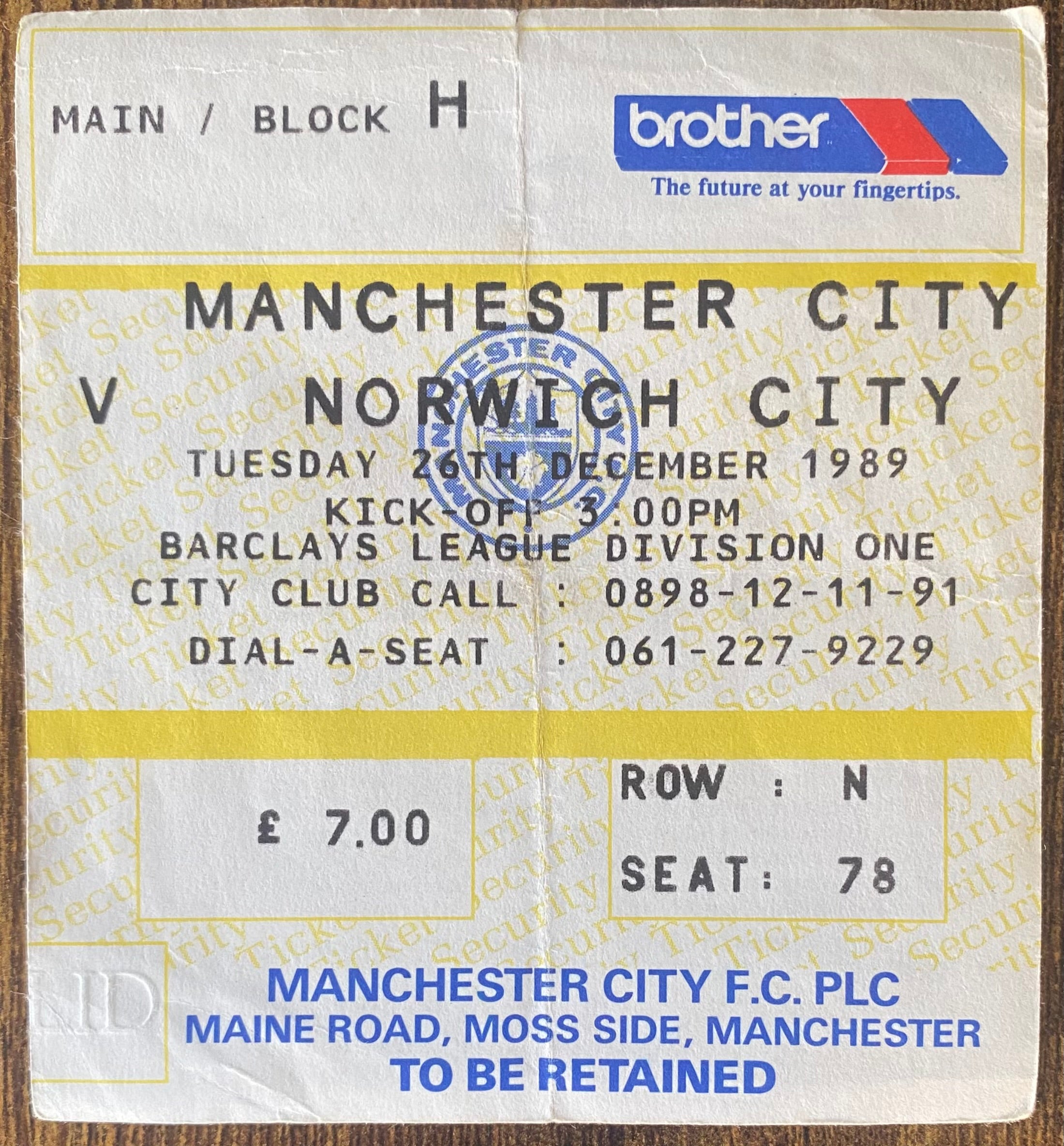1989/90 ORIGINAL DIVISION ONE TICKET MANCHESTER CITY V NORWICH CITY