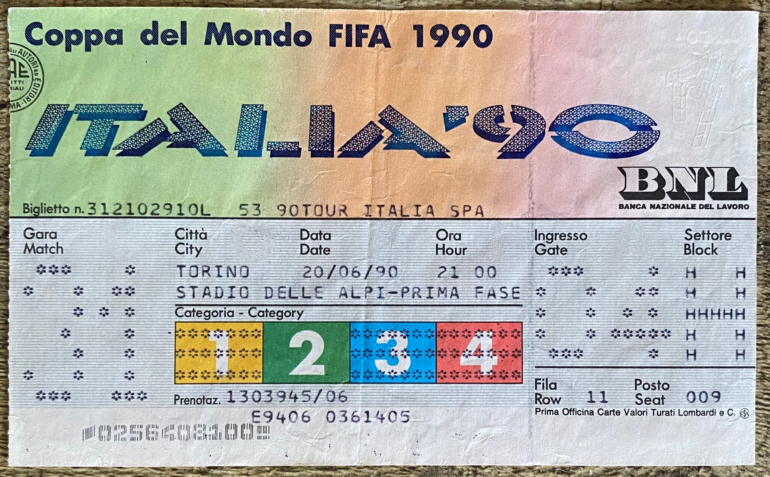 1990 ORIGINAL WORLD CUP 1ST ROUND TICKET SCOTLAND V BRAZIL @ TURIN