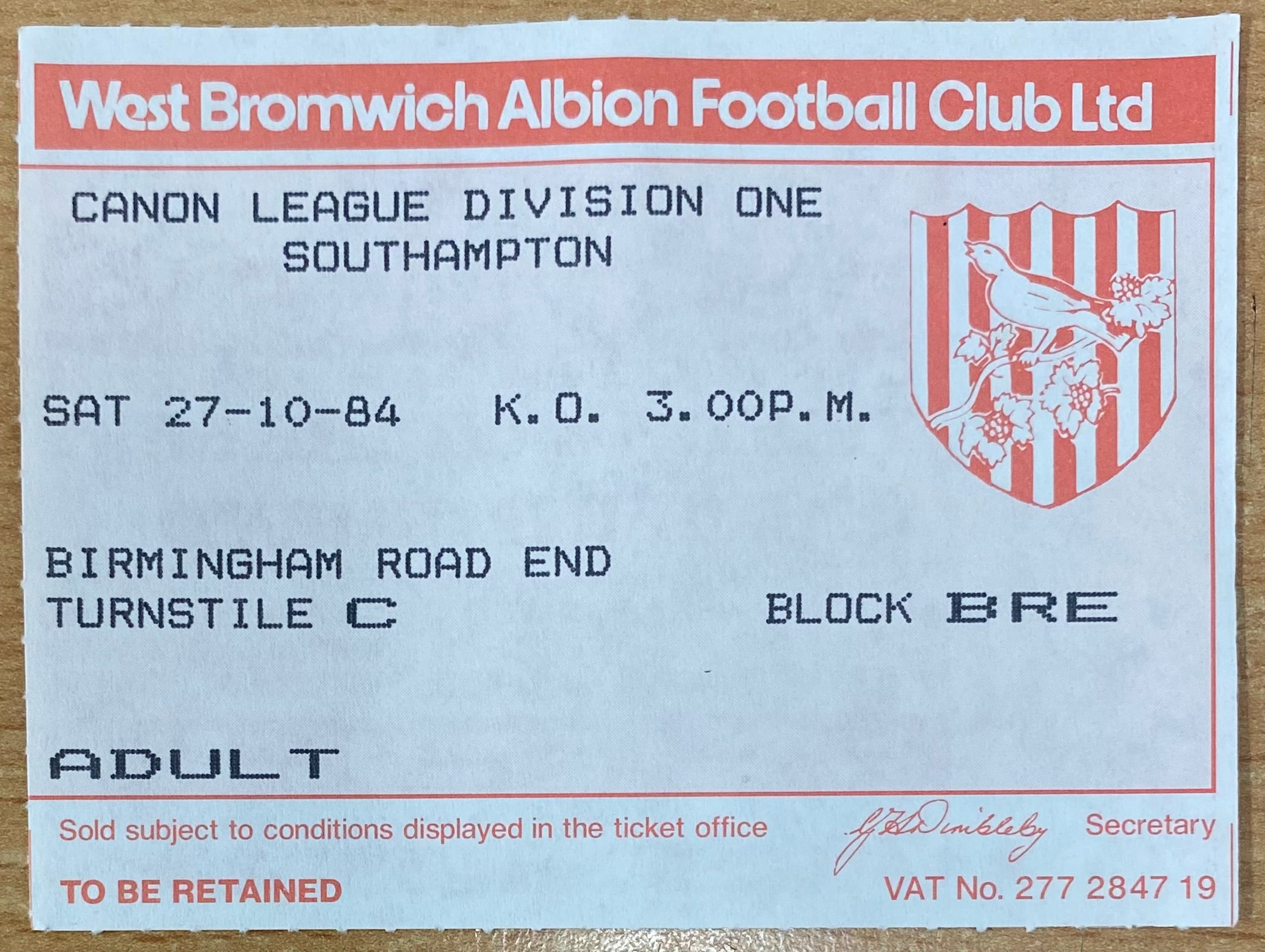 1984/85 ORIGINAL DIVISION 1 TICKET WEST BROMWICH ALBION V SOUTHAMPTON