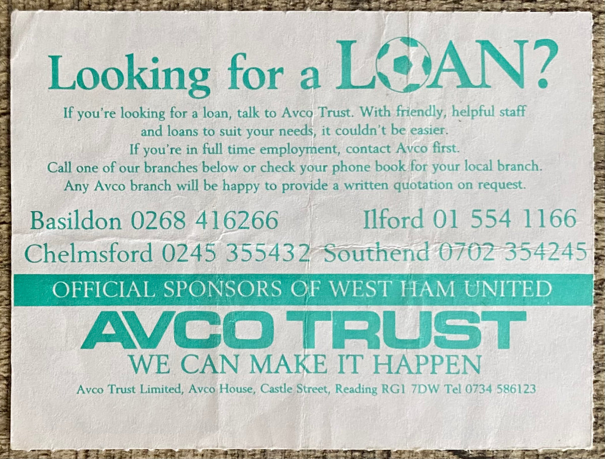 1988/89 ORIGINAL DIVISION ONE TICKET WEST HAM UNITED V SOUTHAMPTON