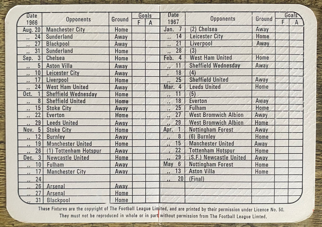 1966/67 ORIGINAL BRITISH EUROPEAN AIRWAYS FIXTURE LIST FOR SOUTHAMPTON