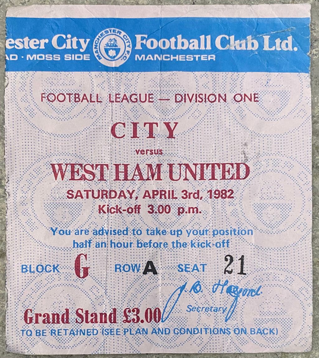 1981/82 ORIGINAL DIVISION 1 TICKET MANCHESTER CITY V WEST HAM UNITED
