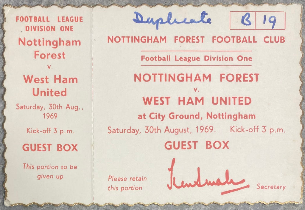 1969/70 ORIGINAL DIVISION 1 UNUSED TICKET NOTTINGHAM FOREST V WEST HAM UNITED