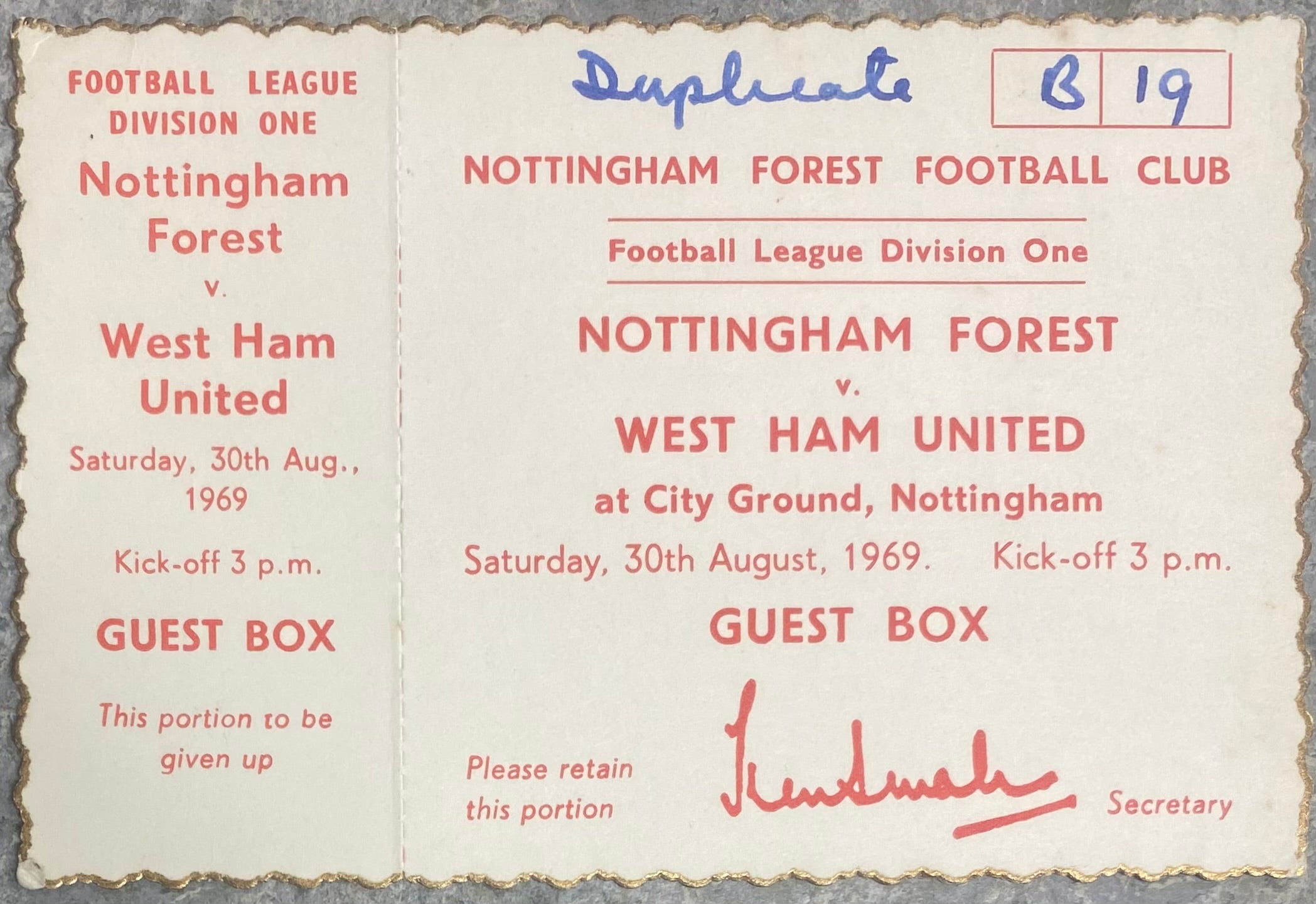 1969/70 ORIGINAL DIVISION 1 UNUSED TICKET NOTTINGHAM FOREST V WEST HAM UNITED