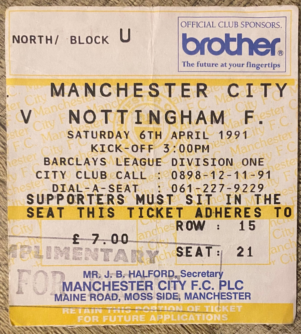1990/91 ORIGINAL DIVISION 1 TICKET MANCHESTER CITY V NOTTINGHAM FOREST