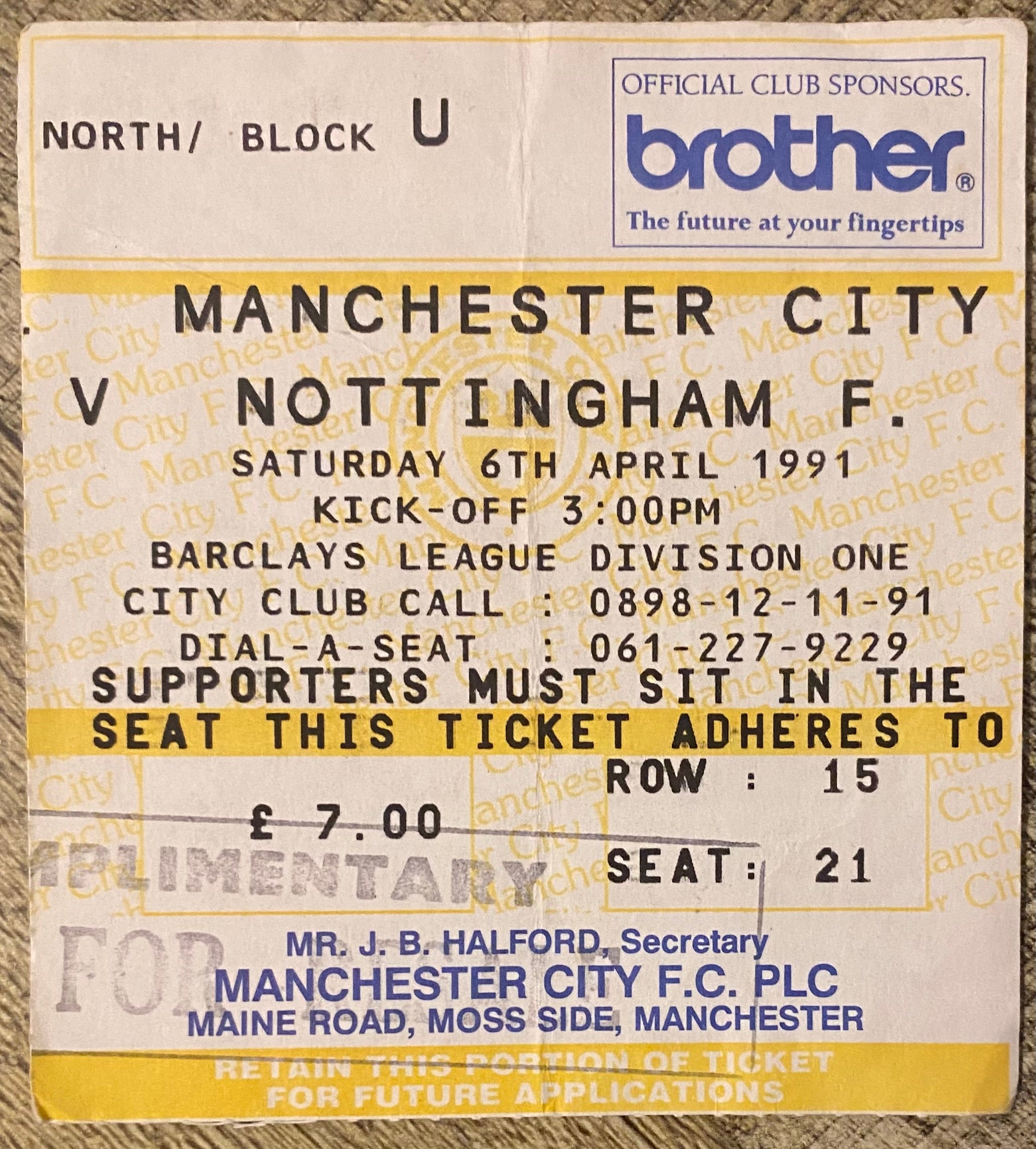 1990/91 ORIGINAL DIVISION 1 TICKET MANCHESTER CITY V NOTTINGHAM FOREST