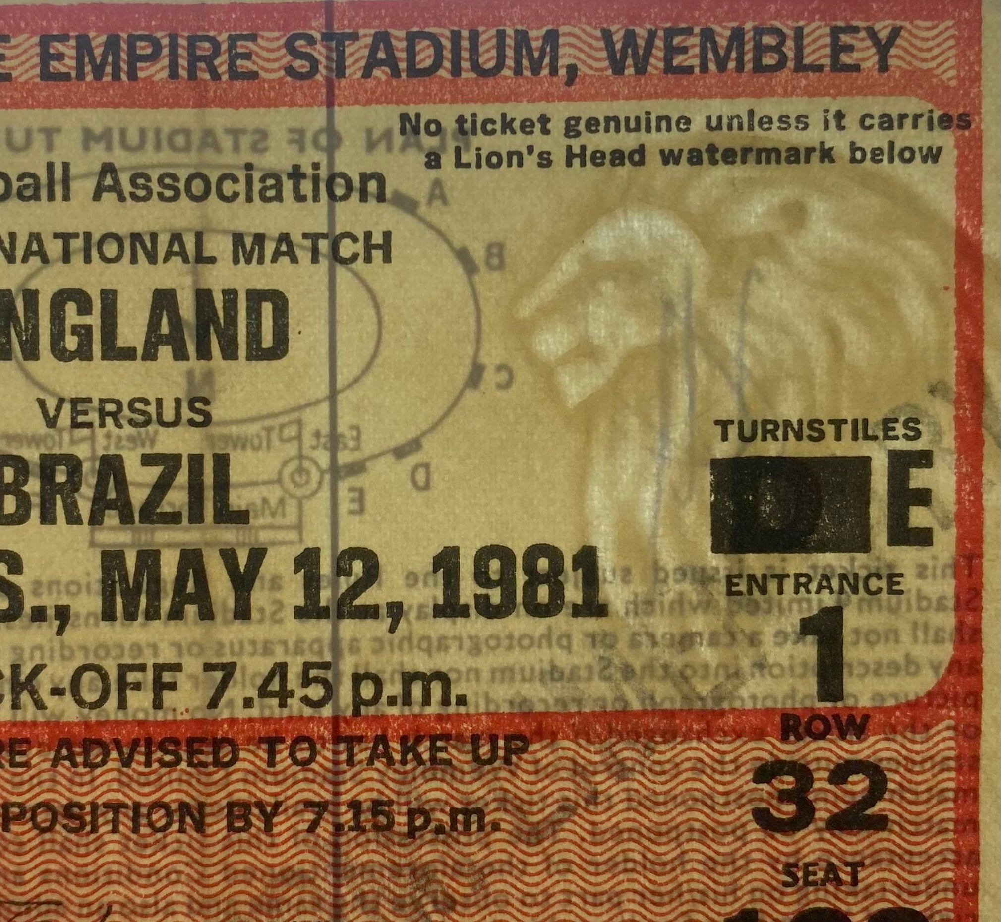 1981 ORIGINAL INTERNATIONAL TICKET ENGLAND V BRAZIL