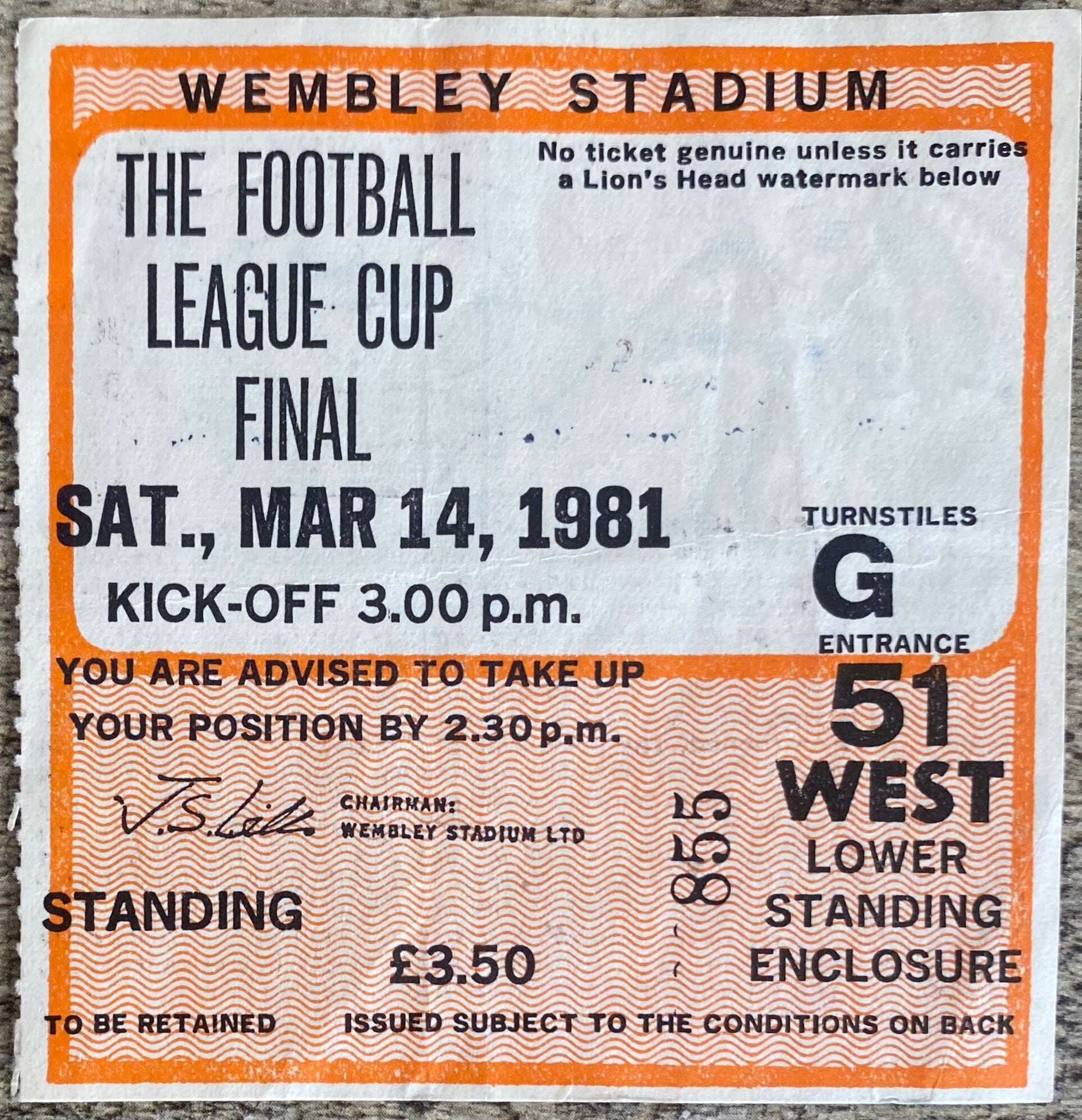 1981 ORIGINAL LEAGUE CUP FINAL TICKET LIVERPOOL V WEST HAM UNITED