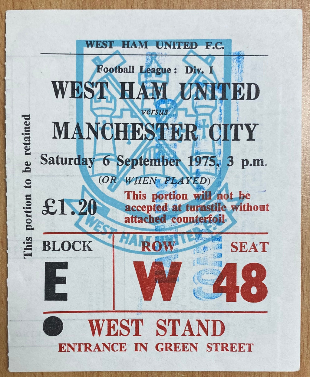 1975/76 ORIGINAL DIVISION ONE TICKET WEST HAM UNITED V MANCHESTER CITY