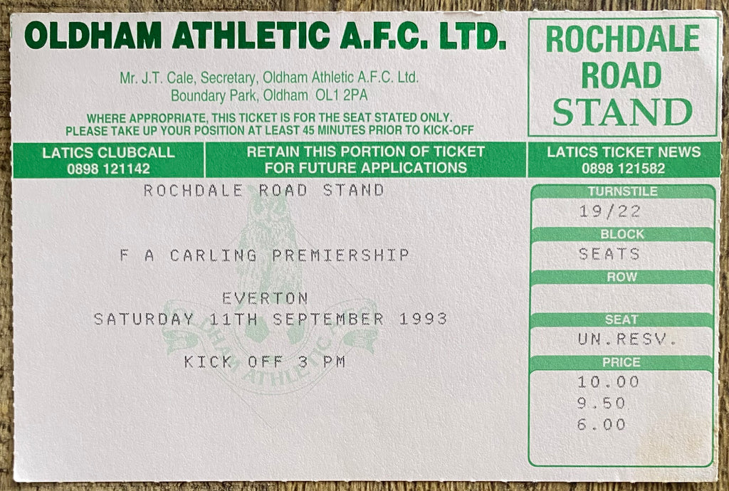 1993/94 ORIGINAL FA PREMIERSHIP TICKET OLDHAM ATHLETIC V EVERTON