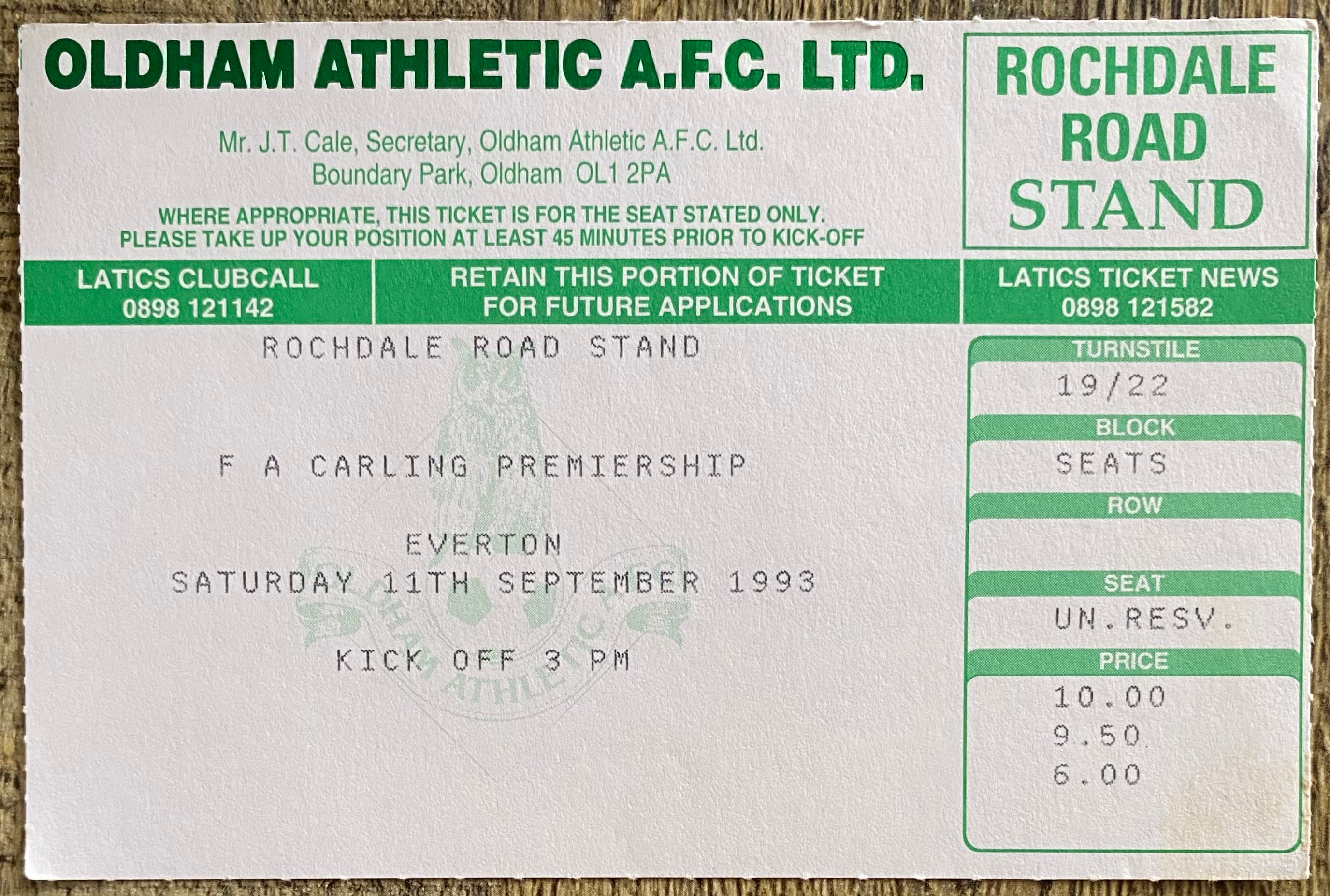 1993/94 ORIGINAL FA PREMIERSHIP TICKET OLDHAM ATHLETIC V EVERTON