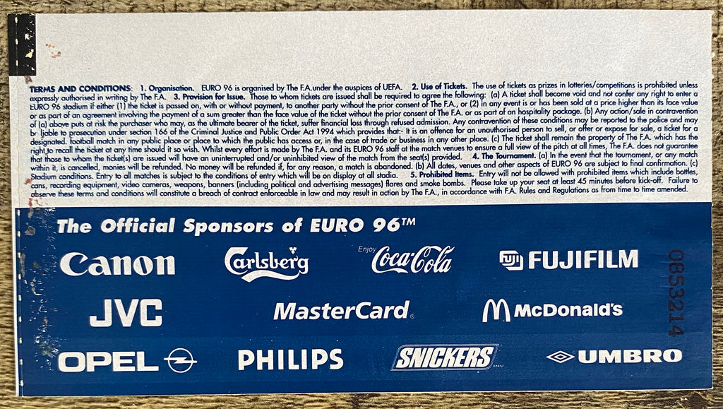 1996 ORIGINAL EUROPEAN CHAMPIONSHIPS EURO 96 TICKET RUSSIA V GERMANY @ OLD TRAFFORD