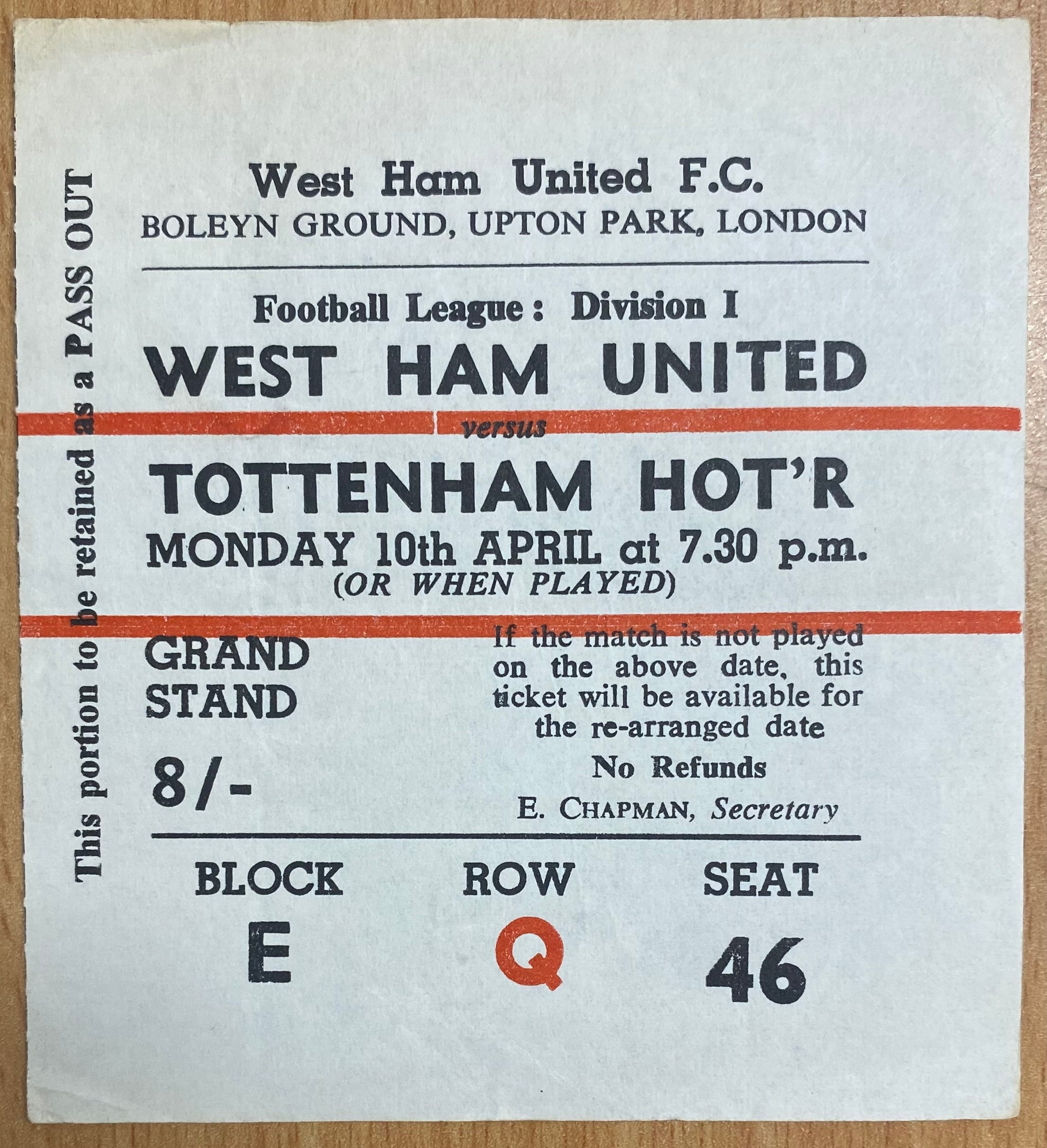 1966/67 ORIGINAL DIVISION ONE TICKET WEST HAM UNITED V TOTTENHAM HOTSPUR