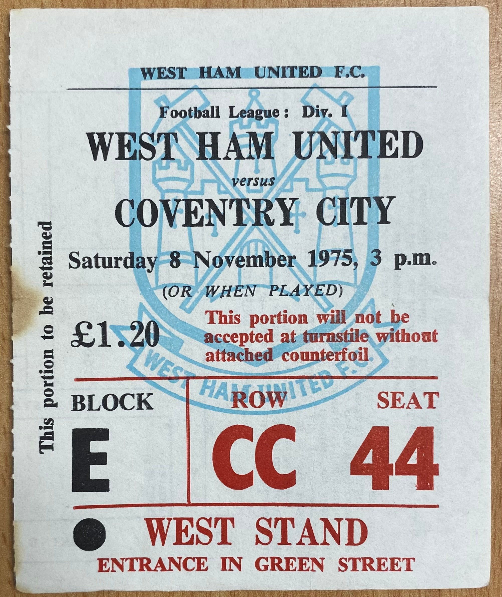 1975/76 ORIGINAL DIVISION ONE TICKET WEST HAM UNITED V COVENTRY CITY