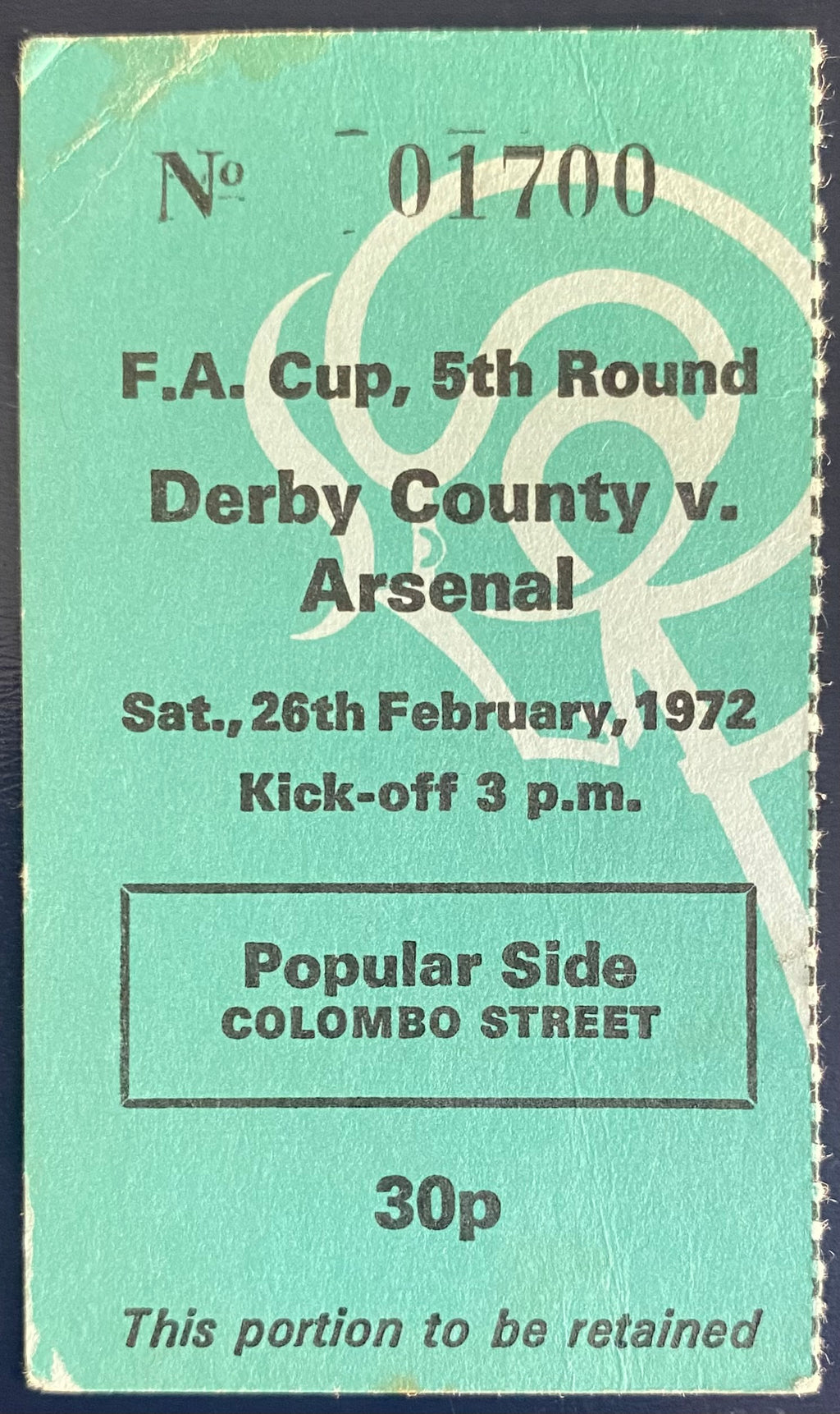 1971/72 ORIGINAL FA CUP 5TH ROUND TICKET DERBY COUNTY V ARSENAL