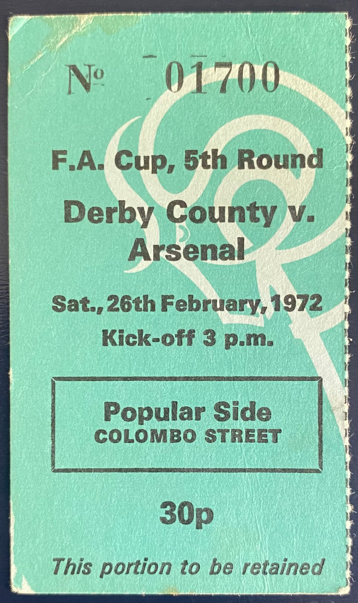 1971/72 ORIGINAL FA CUP 5TH ROUND TICKET DERBY COUNTY V ARSENAL