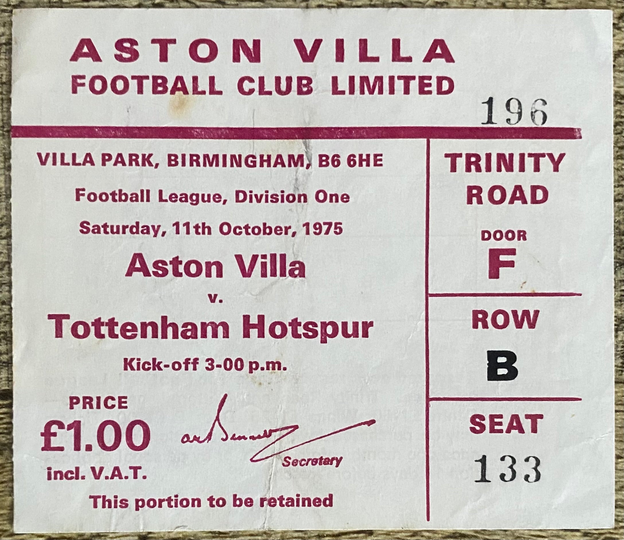 1975/76 ORIGINAL DIVISION 1 TICKET ASTON VILLA V TOTTENHAM HOTSPUR